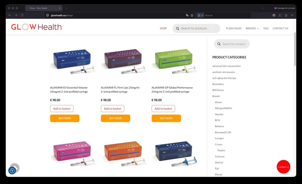 pagina productos tienda estetica